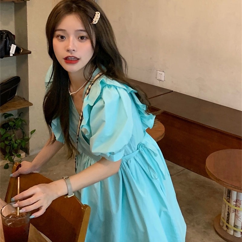 Đầm Mỏng Mùa Hè Tay Phồng Viền Màu Trơn Kiểu Pháp Mới Cho Nữ