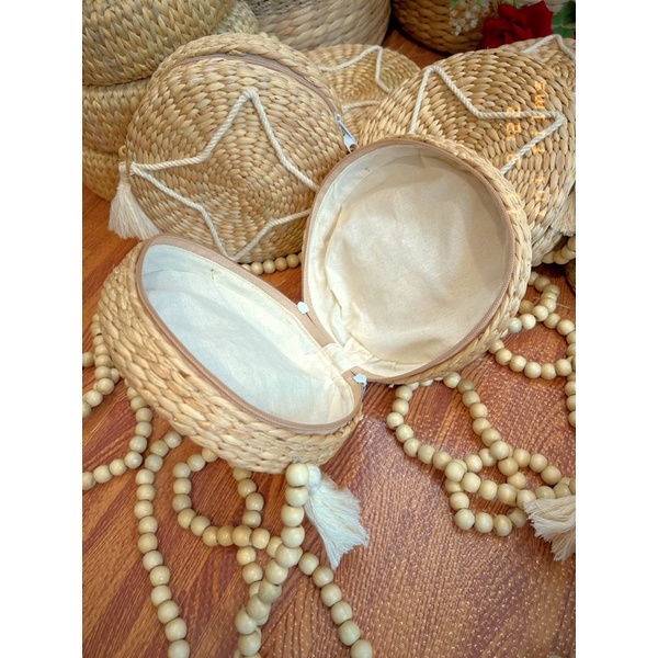 Bán sỉ Túi lục bình trống tròn đính quả chuông macrame dây gỗ đeo chéo