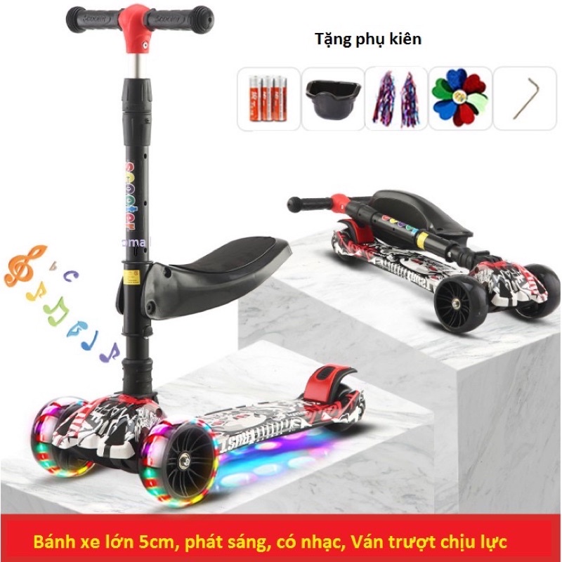 Xe trượt scooter 2in1 gấp gọn CÓ ĐÈN và NHẠC (có ảnh thật)