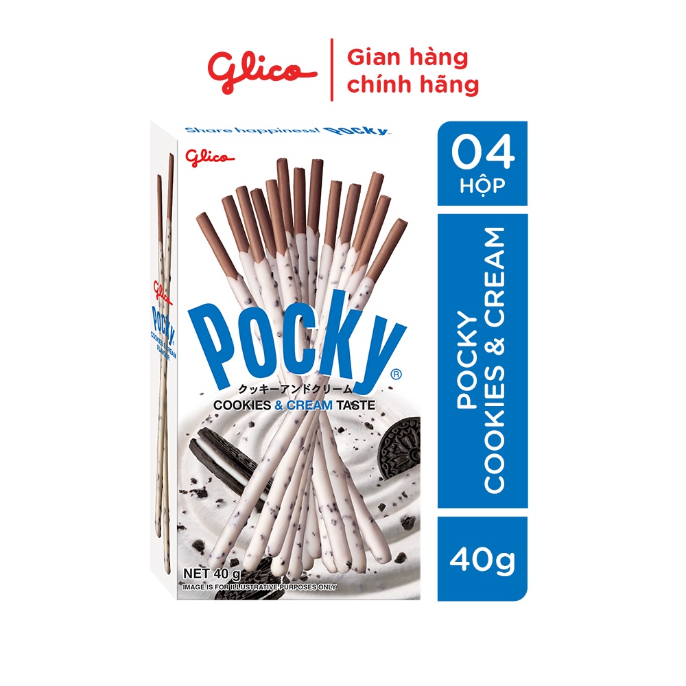 Bánh que GLICO Pocky Cookies &amp; Cream phủ kem cookie (Combo 4 hộp)