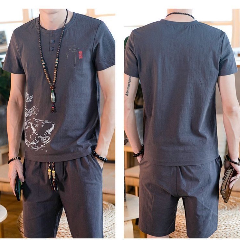 Set đồ Hán phục vải lanh cotton thêu họa tiết phong cách Trung Hoa cổ điển thời trang cho nam