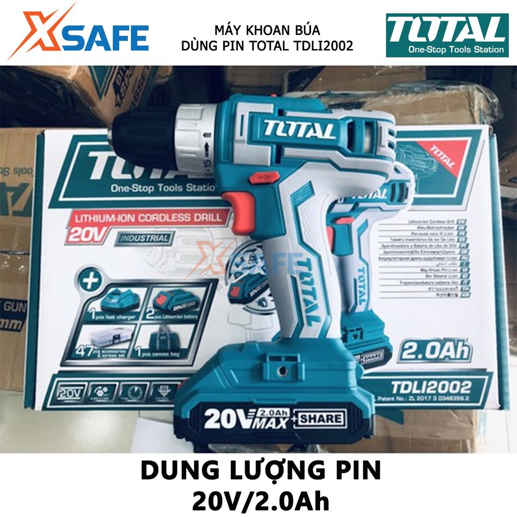 Máy khoan pin cầm tay 20V TOTAL TDLI2002 hai tốc độ 400-1500v/p, đầu khoan khóa tự động khóa trục chính, kèm 2 pin 1 sạc