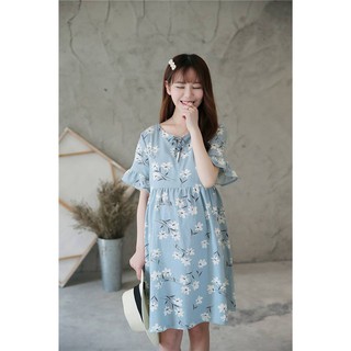 Váy bầu hoa đũi xanh tay loe