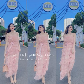 váy hồng dự tiệc trễ vai cúp ngực công chúa xếp bèo tầng thắt nơ eo thảo xinh shop