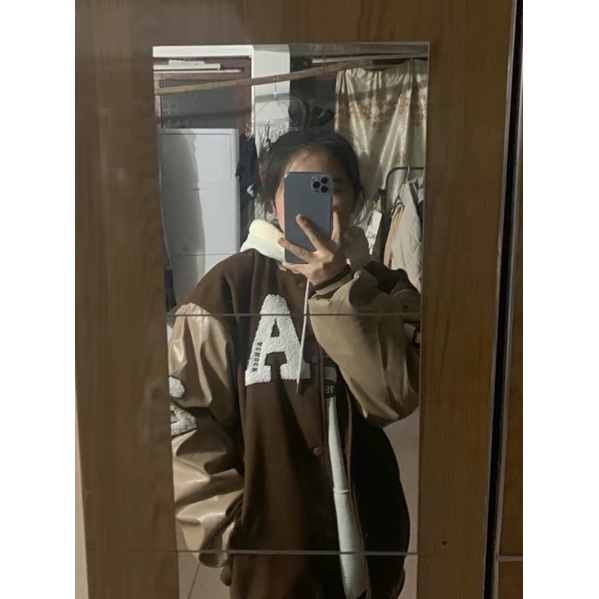 Áo khoác bomber jacket varsity nam nữ màu nâu cafe vintage đậm mới thêu chữ A cực chất