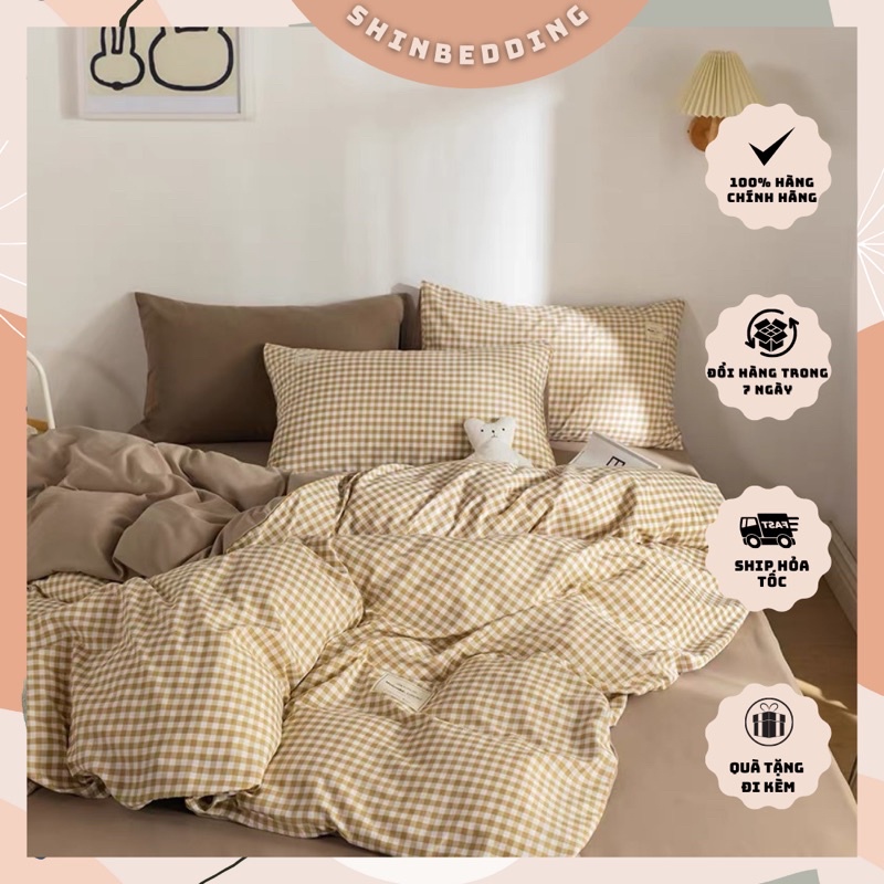 Set Chăn Ga Kẻ Caro Vàng Be Cotton TC Hàng Chuẩn Xuất Nhật (Shinbedding.shop)