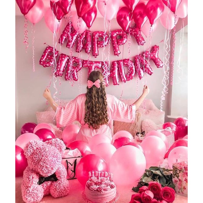 Bộ bóng trang trí sinh nhật tông hồng Kèm vỏ bóng bay, bơm tay băng keo