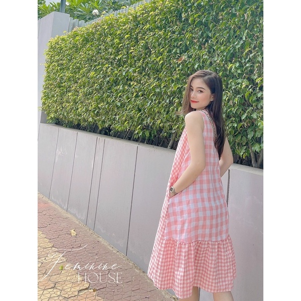 Đầm Caro Suông Cách Điệu, Váy Caro Form Suông Diện Hè