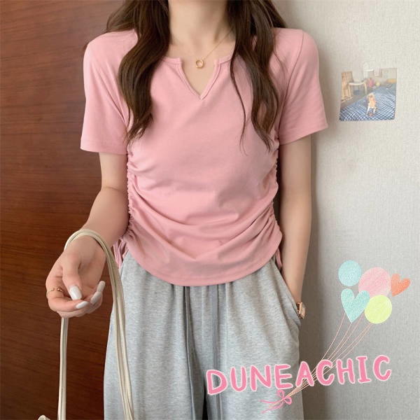 DUNEA Áo thun tay ngắn cổ chữ V phối dây rút thời trang cho nữ