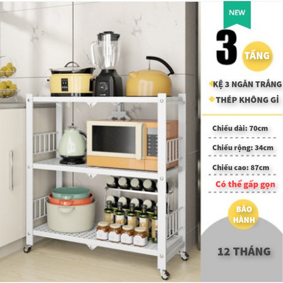 Kệ sắt gấp gọn đa năng 3 tầng, 4 tầng, 5 tầng có bánh xe - dễ dàng tháo lắp, tải trọng 200kg để đồ nhà bếp