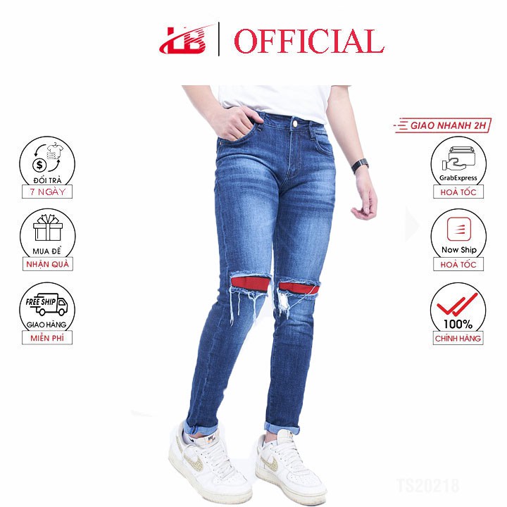 [Mã LTP50 giảm 50000 đơn 150000] Quần jeans dài nam LB màu xanh rách đắp gối màu xanh jean phom body DNBB4587