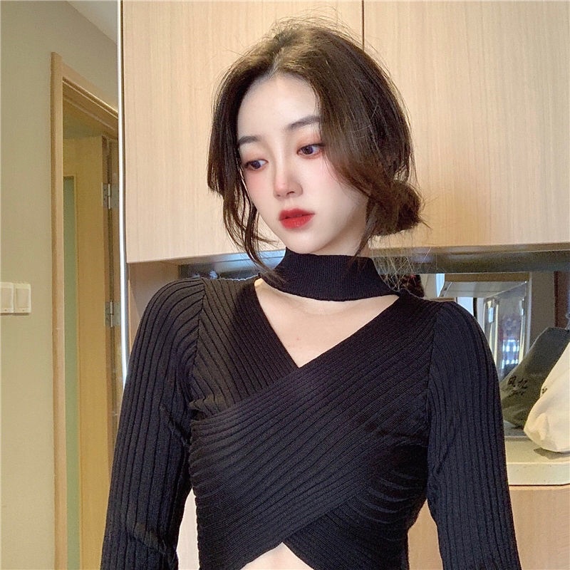 Áo len nữ dài tay vạt hớt cao  cổ cách điệu sexy 2022 hàng Quảng Châu