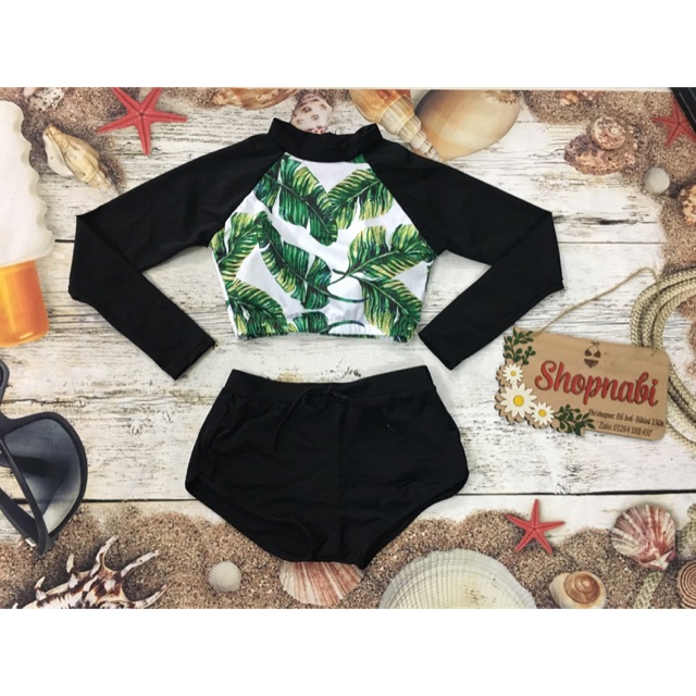 Đồ bơi nữ tay dài váy xoè size lớn- bikini đi biển thun lạnh tay dài kín đáo lá xanh- Shopnabi TNVX_LAXATADEN