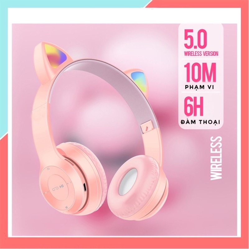 Tai Nghe Mèo Blutooth Headphone dễ thương chống ồn có đèn led siêu cute