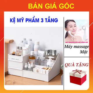 Kệ Đựng Mỹ Phẩm 2 Tầng 3 Ngăn [COMBO TẶNG KÈM] Máy Rửa Mặt Ion GIÁ SỈ Kệ Trang Điểm Để Bàn Nhà Tắm Có Gương Mini Đa Năng