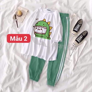 Sét bộ áo thun nhiều hình siêu cute kèm quần bo sọc xanh