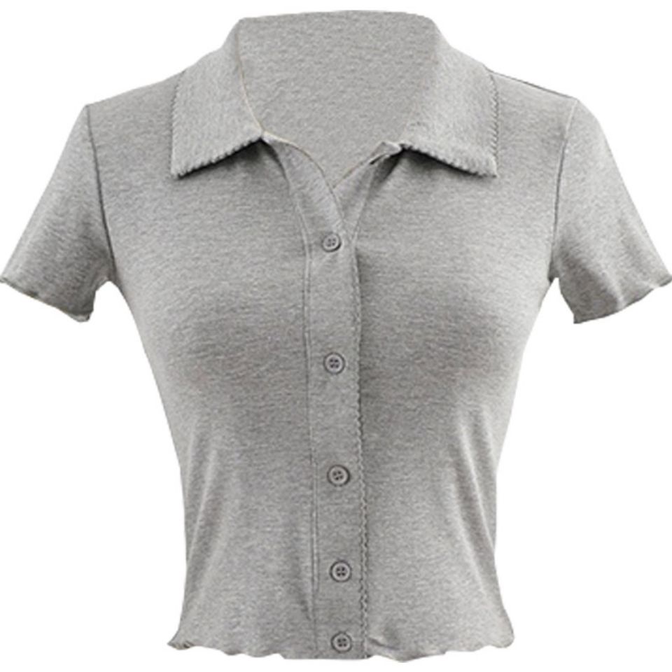 Áo kiểu COZOKC dệt kim cổ polo tay ngắn màu đơn giản thời trang