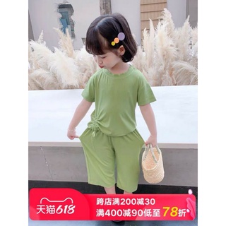 Bộ màu trơn rút eo quần lửng cho bé gái