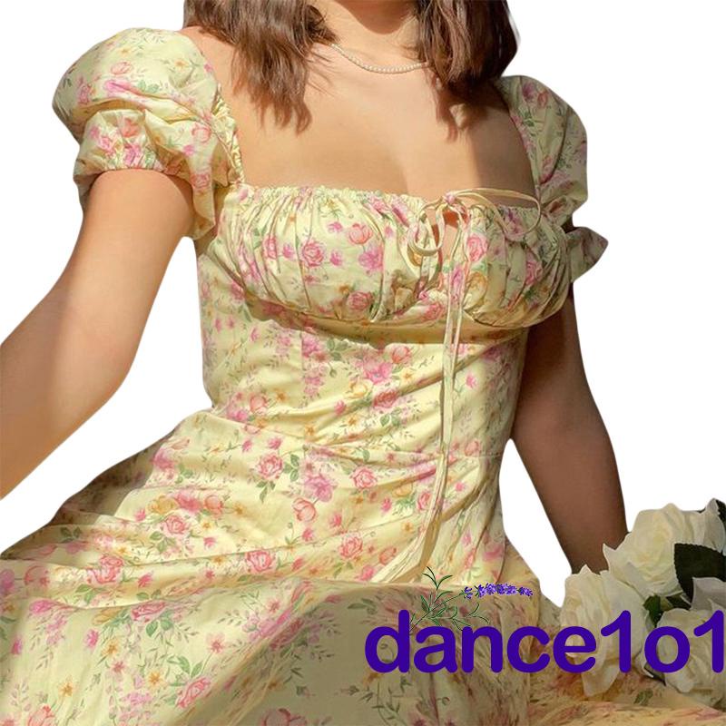 Đầm Dài Xẻ Tà Tay Ngắn Phồng In Họa Tiết Hoa Thời Trang Cho Nữ