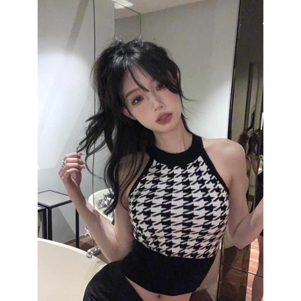 Porozi  áo croptop Áo Dệt Kim Không Tay Họa Tiết Sọc Caro Phong Cách Hàn Quốc