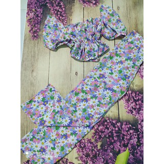 Set tay bồng, quần ống rộng hoa tím
