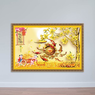 Tranh Cửu ngư quần hội, kim tiền, cành mai, cá chép – W1566