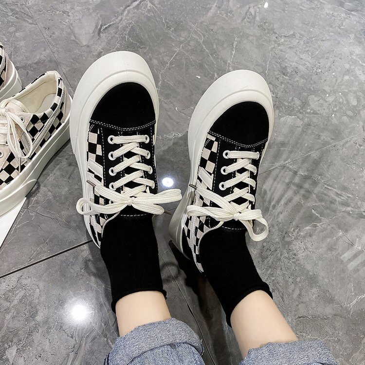 Giày thể thao vải nữ độn đế mũi viền kẻ Caro 2 màu siêu hot mã T12
