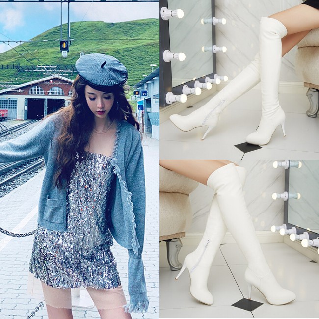 Giày boot cao gót cổ cao da màu trắng GBMN-01CCW