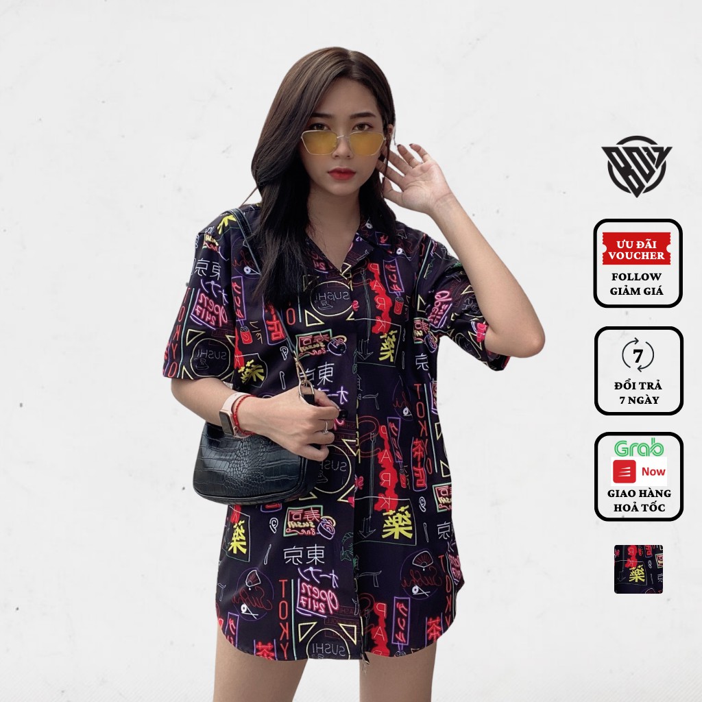 Áo sơ mi họa tiết nam nữ Neon unisex form rộng