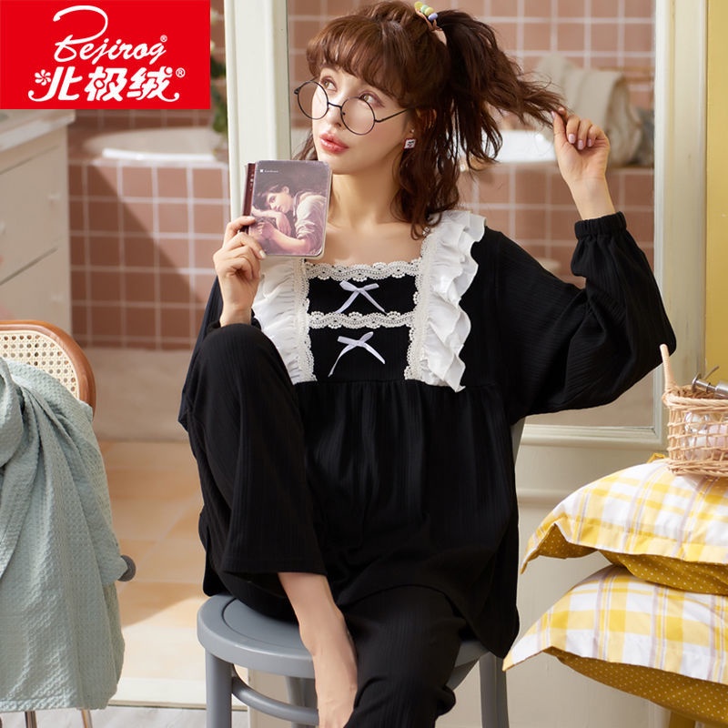 Bộ đồ ngủ tay dài chất nhung cotton thời trang thu đông cho nữ 2 021 mới