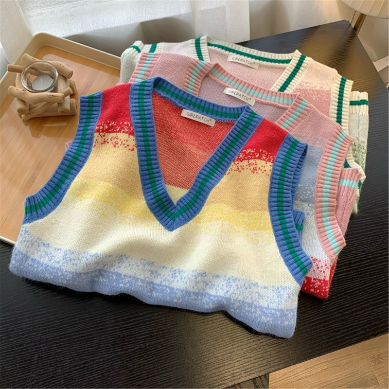 Áo Sweater Dệt Kim Sát Nách Dáng Rộng Kẻ Sọc Màu Cầu Vồng Dễ Phối Đồ Thời Trang Mùa