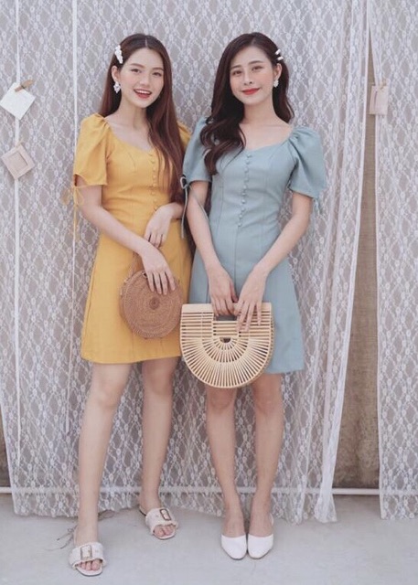 Đầm nút bọc tay nơ 2 màu (kèm hình thật) | BigBuy360 - bigbuy360.vn