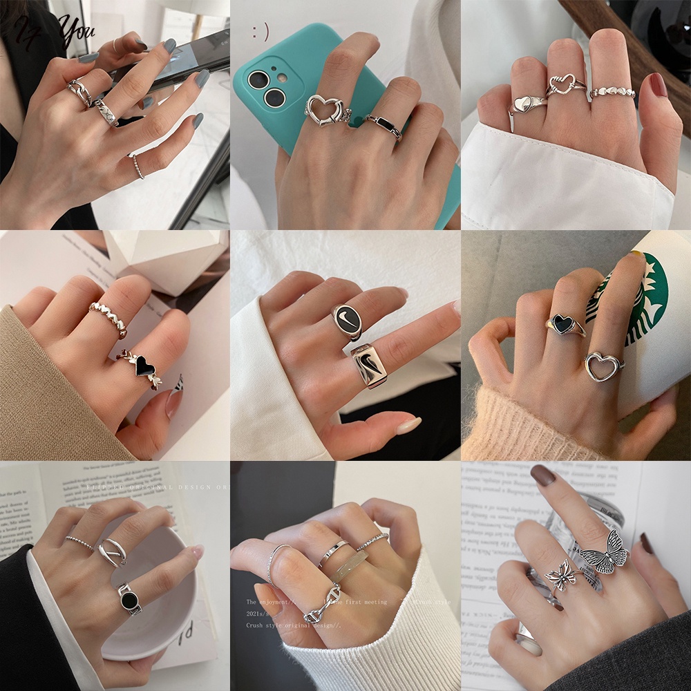 Set nhẫn AY đính pha lê nhiều kiểu dáng phong cách cổ điển