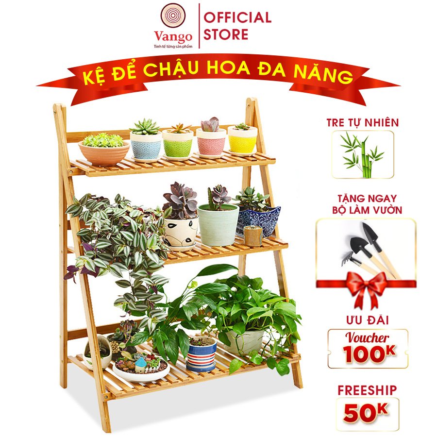 Giá kệ để chậu hoa, cây cảnh, để đồ đa năng bằng gỗ tre tự nhiên Vango V15 sang trọng, hiện đại, sơn phủ bóng chống nước