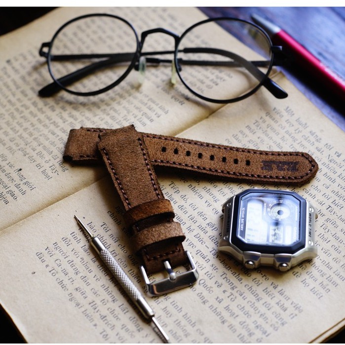 Dây đồng hồ RAM Leather 1960 cho CASIO 1200, AE 1200, 1300, 1100, A159 , A168 , Size 18 da bò lộn nâu