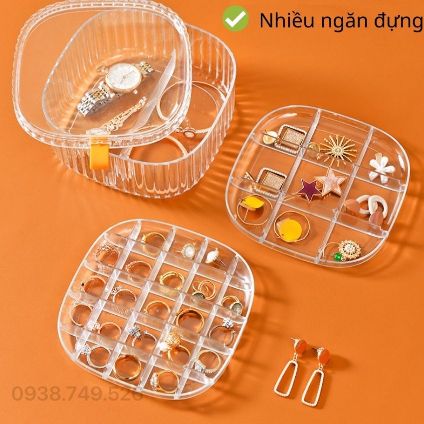 Hộp Đựng Trang Sức Trong Suốt, Nhiều Ngăn, 3 Tầng, Hộp Đựng Khuyên Tai,  Kt 15x15x7.5cm