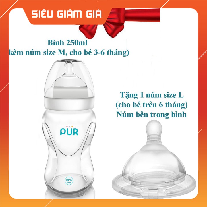 CHÍNH HÃNG Combo Bình sữa cổ rộng Pur Advanced Plus 250ml + núm size L
