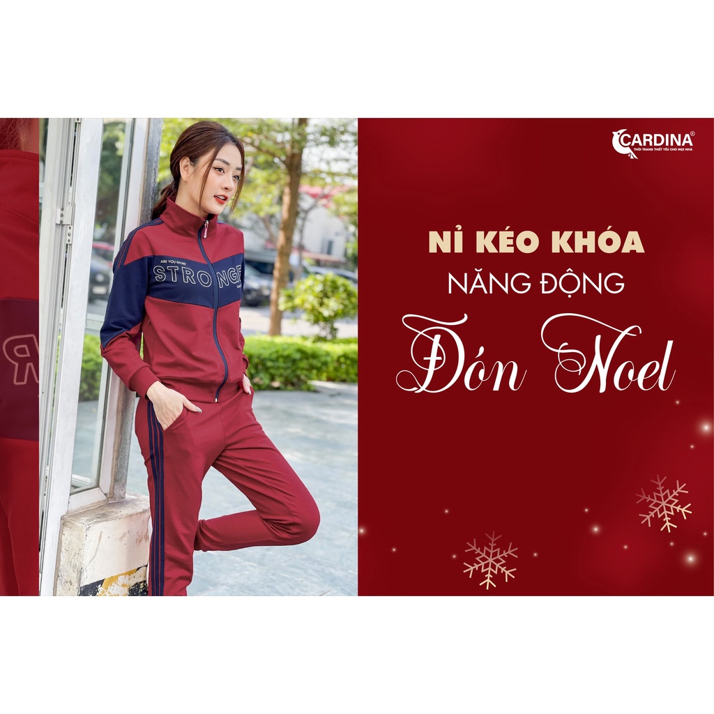 Bộ nỉ nữ CARDINA chất cotton da cá cao cấp dáng thể thao in chữ trẻ trung năng động, áo khóa kéo, quần jogger dễ phối