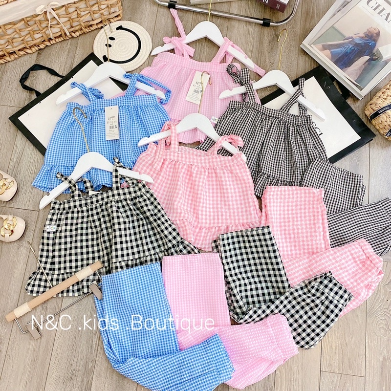 Set kẻ caro tầng 2 dây 5 màu quần ống rộng bé gái.