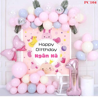 Set trang trí sinh nhật bé gái kèm phông IN TÊN THEO YÊU CẦU