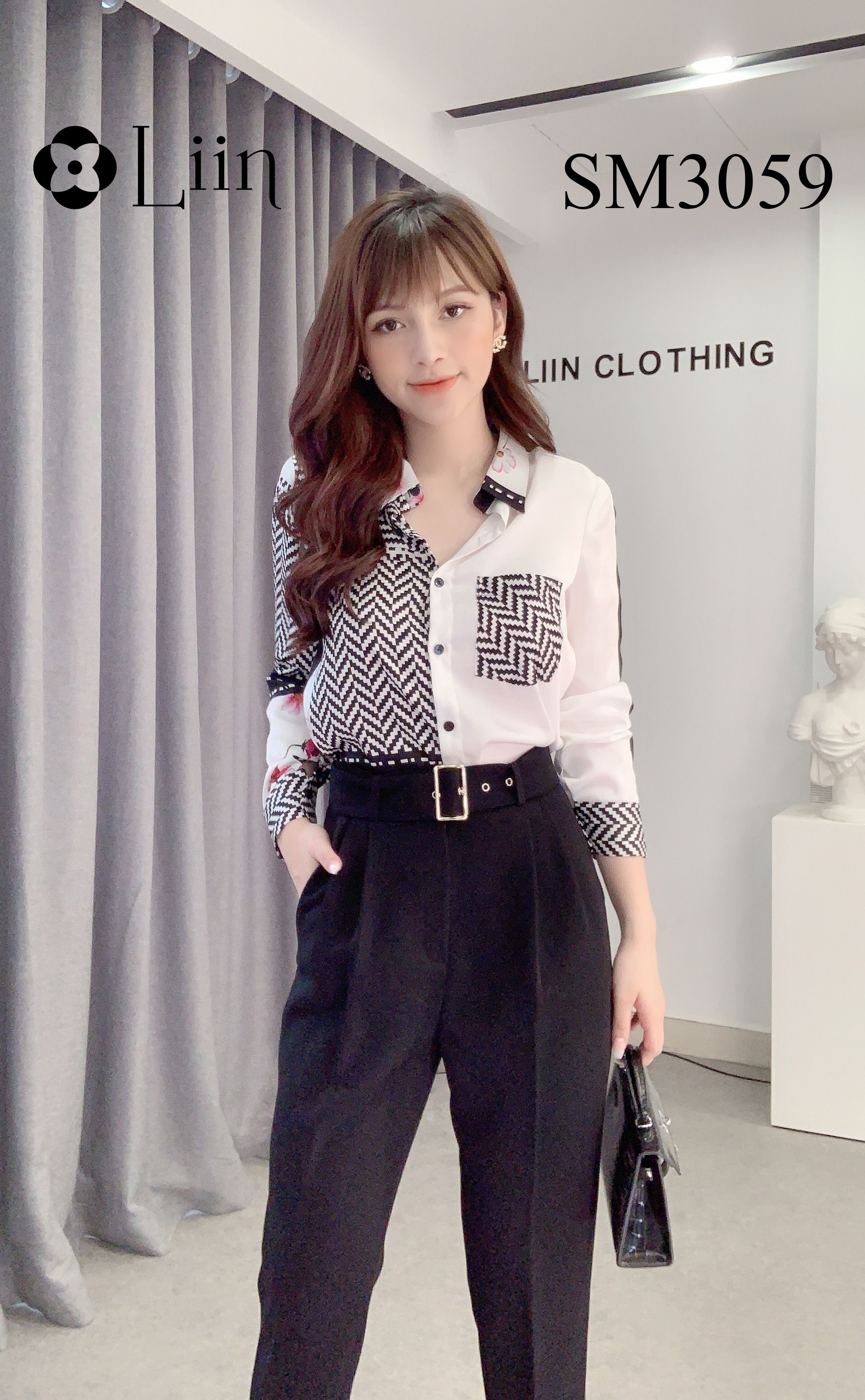 Áo sơ mi phối họa tiết kẻ zizac kết hợp Tay Hoa cách điệu thời trang Liin Clothing SM3059