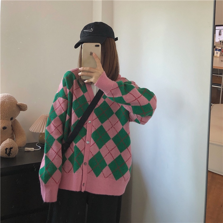 Áo khoác cardigan dài tay cổ chữ V dáng rộng phong cách Hàn Quốc