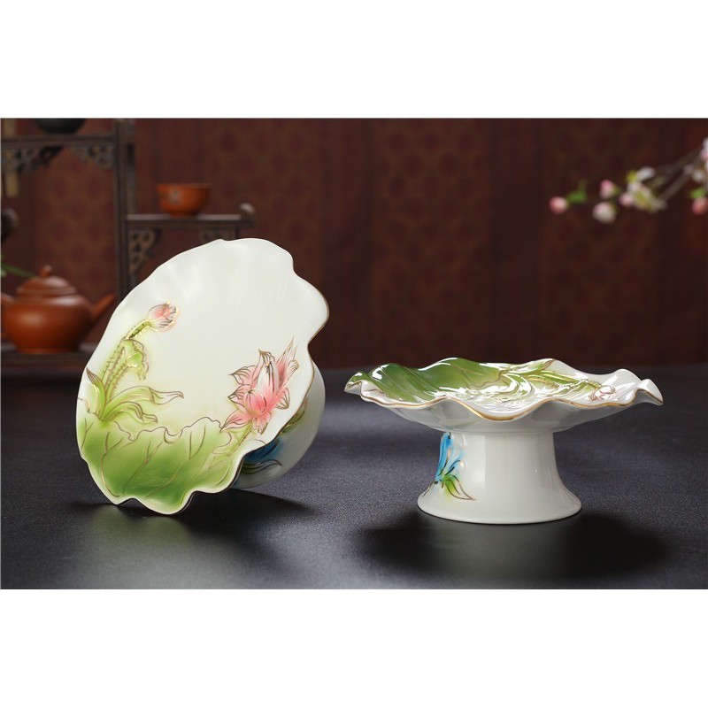 Đĩa Thờ Cúng - Set Đồ Thờ Phụng Bạch Ngọc Kim Sen Xanh Cao Cấp