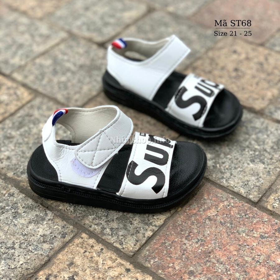 Giày sandal bé trai quai ngang Super trắng da mềm siêu nhẹ dép quai hậu dán tiện dụng cho trẻ em tập đi 1 2 3 tuổi ST68