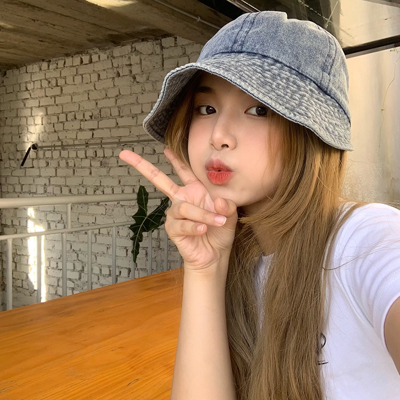 Mũ Bucket Che Phủ Mặt Chất Liệu Denim Màu Xanh Dương Đậm Cho Nam Nữ