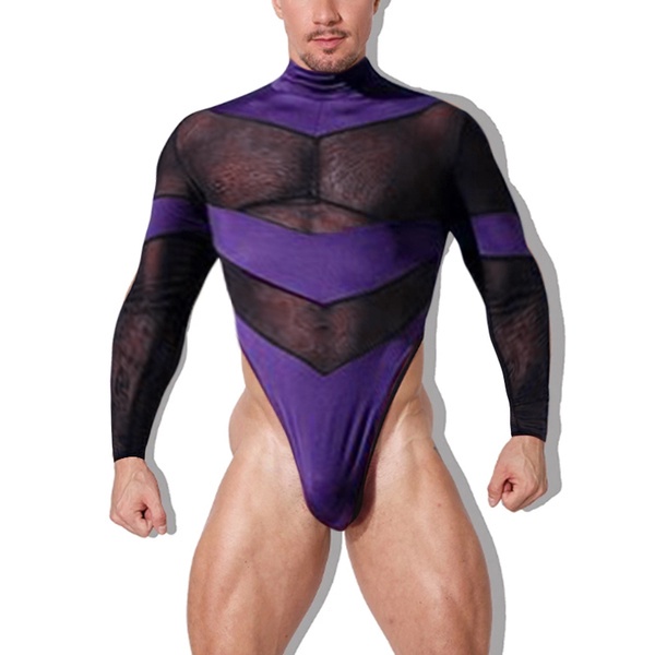 Áo liền quần INCERUN vải ghép nối xuyên thấu tay dài cổ cao cho nam