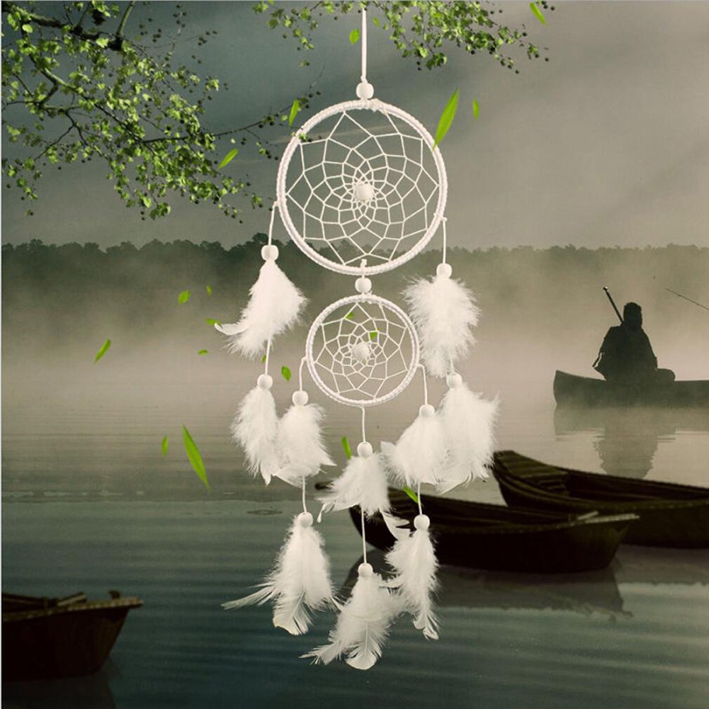 Dreamcatcher gắn lông vũ treo trang trí cho tường phòng