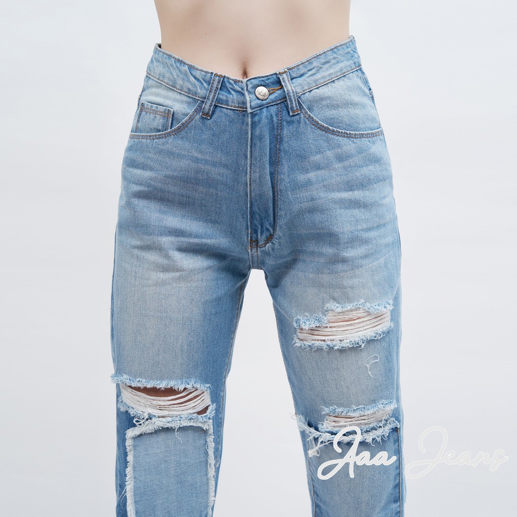 Quần Jean Baggy Nữ Lưng Cao Aaa Jeans Rách Màu Xanh Nhạt