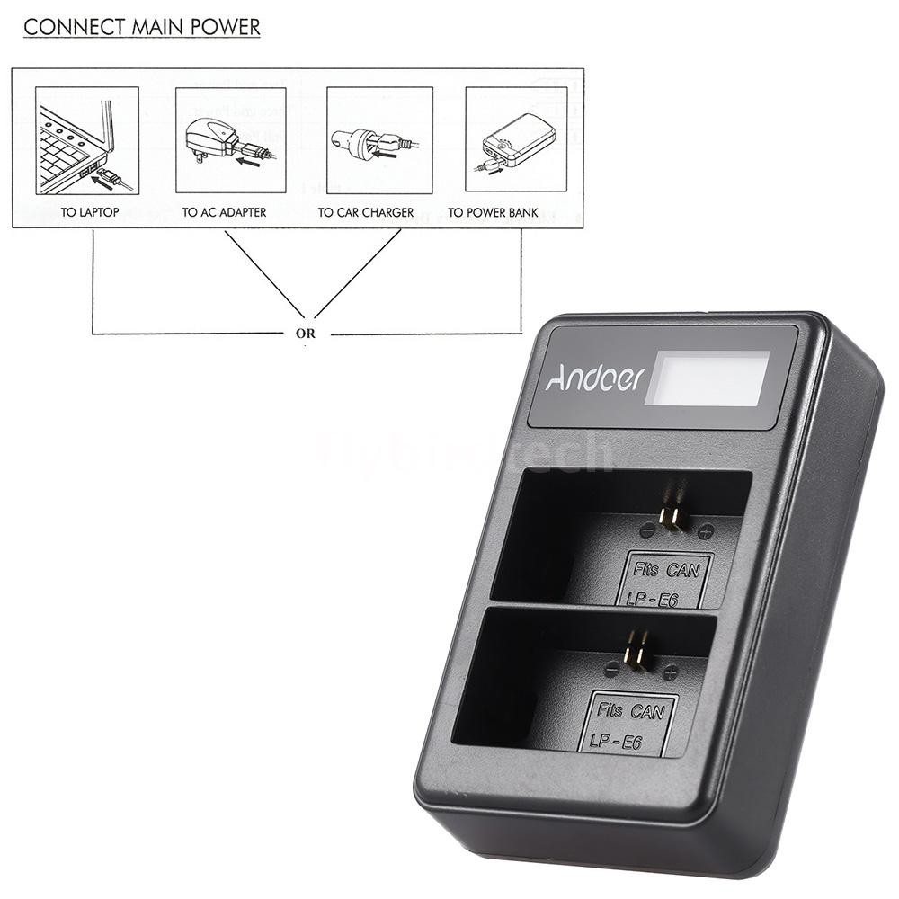 FLY Andoer LP-E6 Rechargeable LED Display Li-ion Battery Charger Pack 2-Slot USB Cable Kit for Canon EOS 6D 7D 70D 60D 5