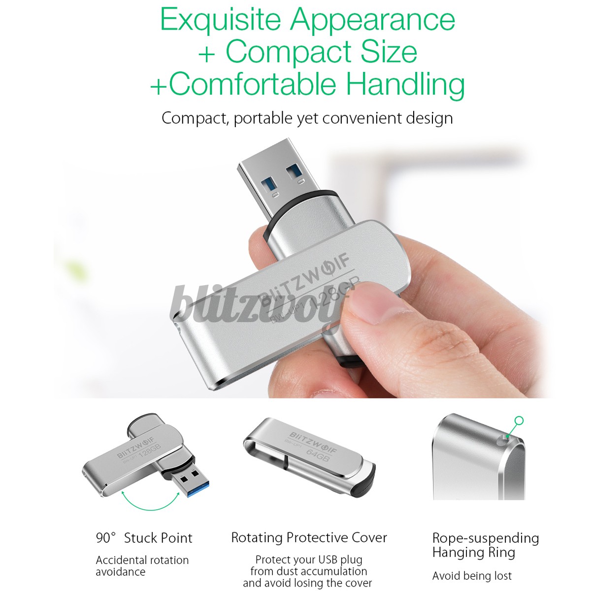 BlitzWolf® BW-UP1 USB 3.0 Flash Drive Aluminium Alloy Pendrive 360° Rotating Cover Thumb Drive U Disk